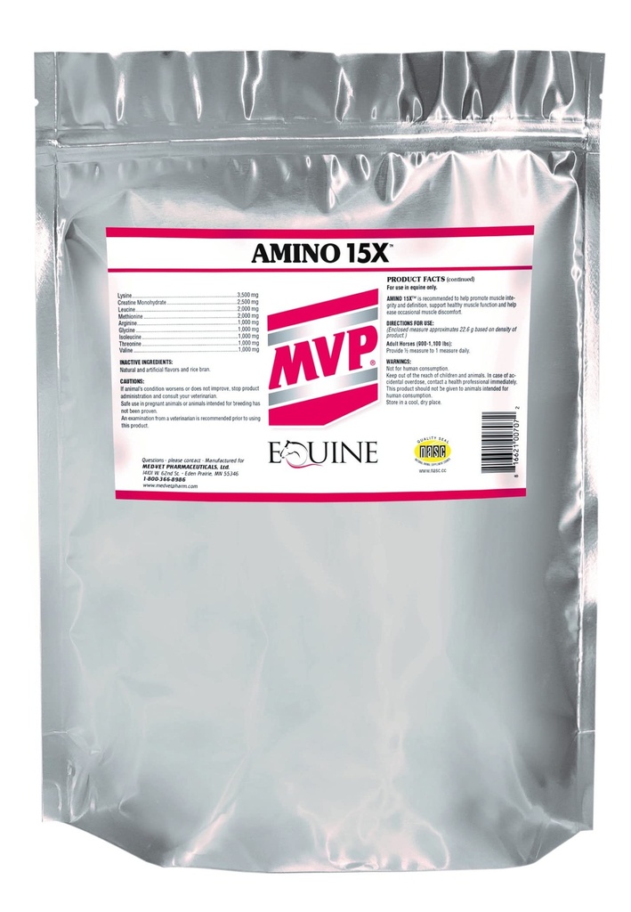 MVP Amino 15X (1,5lb) Susţine funcţia musculară sănătoasă, dezvoltarea şi recuperarea la cai.
