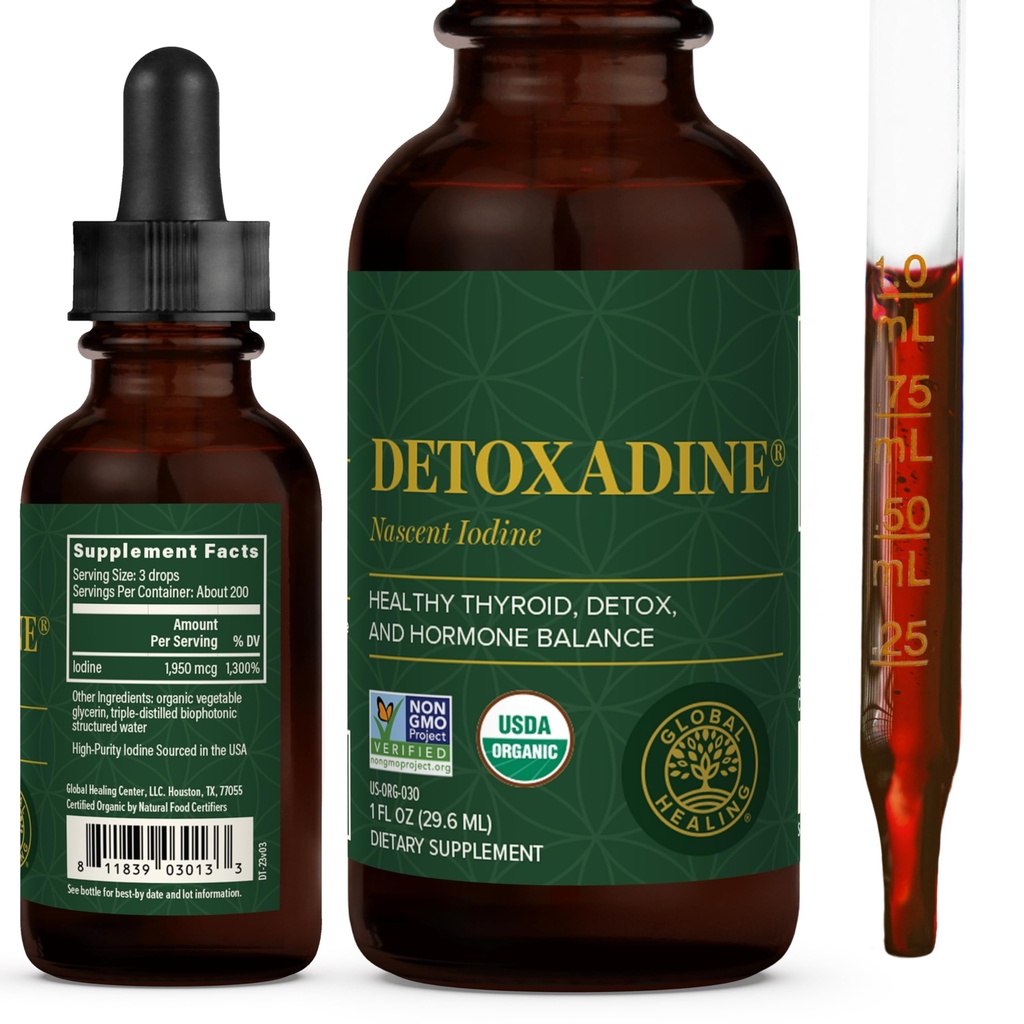 Global Healing Center - Detoxadine - Organic Nascent Iodul supliment picături pentru suport tiroidian, Detox Cleanse, și metabolice - non-GMO, Vegan, 200 Servings Iod Drops (1 Oz)