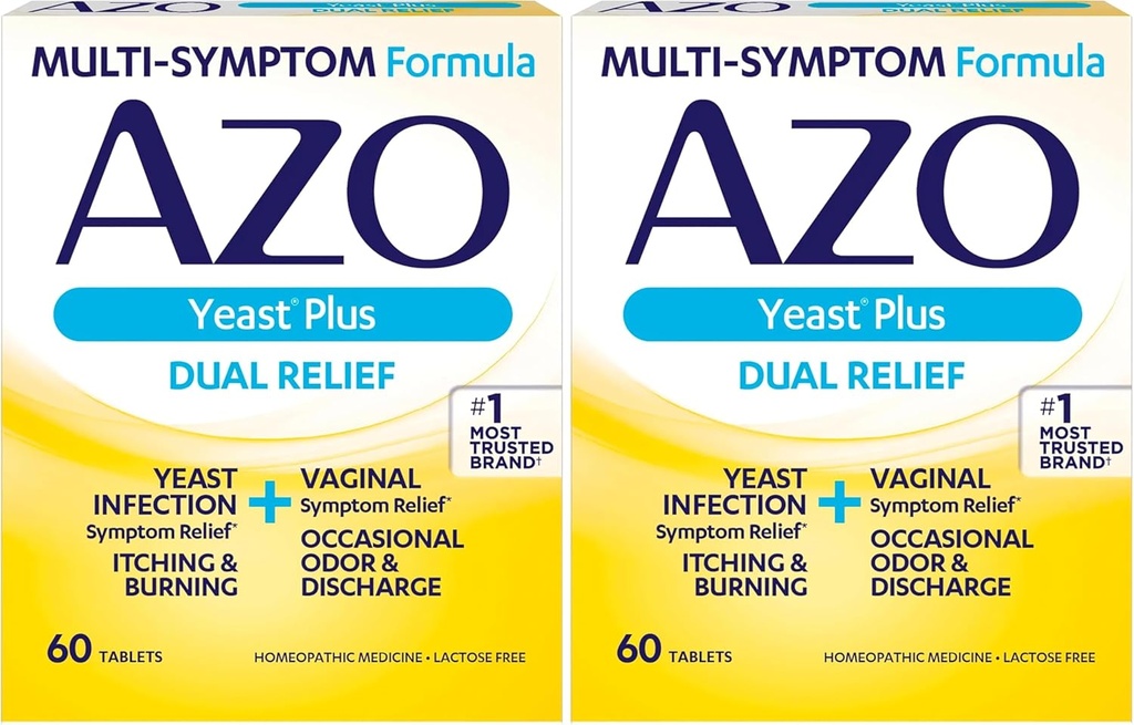 AZO Yeast Plus Dual Relief Tablets, Yeast Infection and Vaginal Symptom Relief, Relieves Itching & Burning, 60 Count (Pachet de 2)