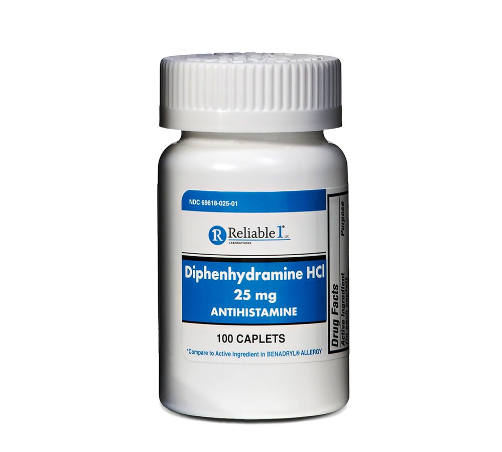 Fiabilă 1 Difenhidramină HCI 25 mg Antihistamină 100 Caplete (1 flacon)