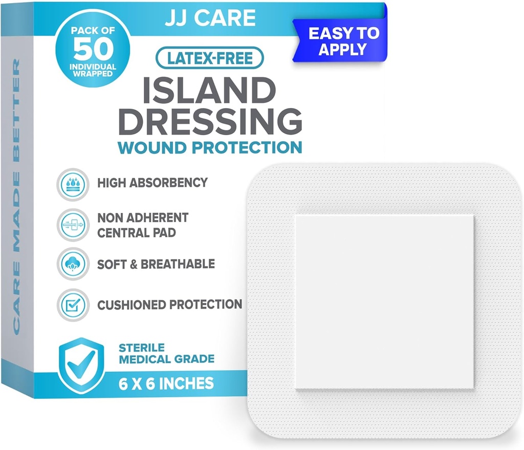 JJ CARE Adhesive Island Dressing [Pachet de 50], 6x6 Steril bordurat Tigara Dressing, respirabil Island Wound Dressing individuale înfăşurat cu extrem de absorbante non-Stick Center Pad