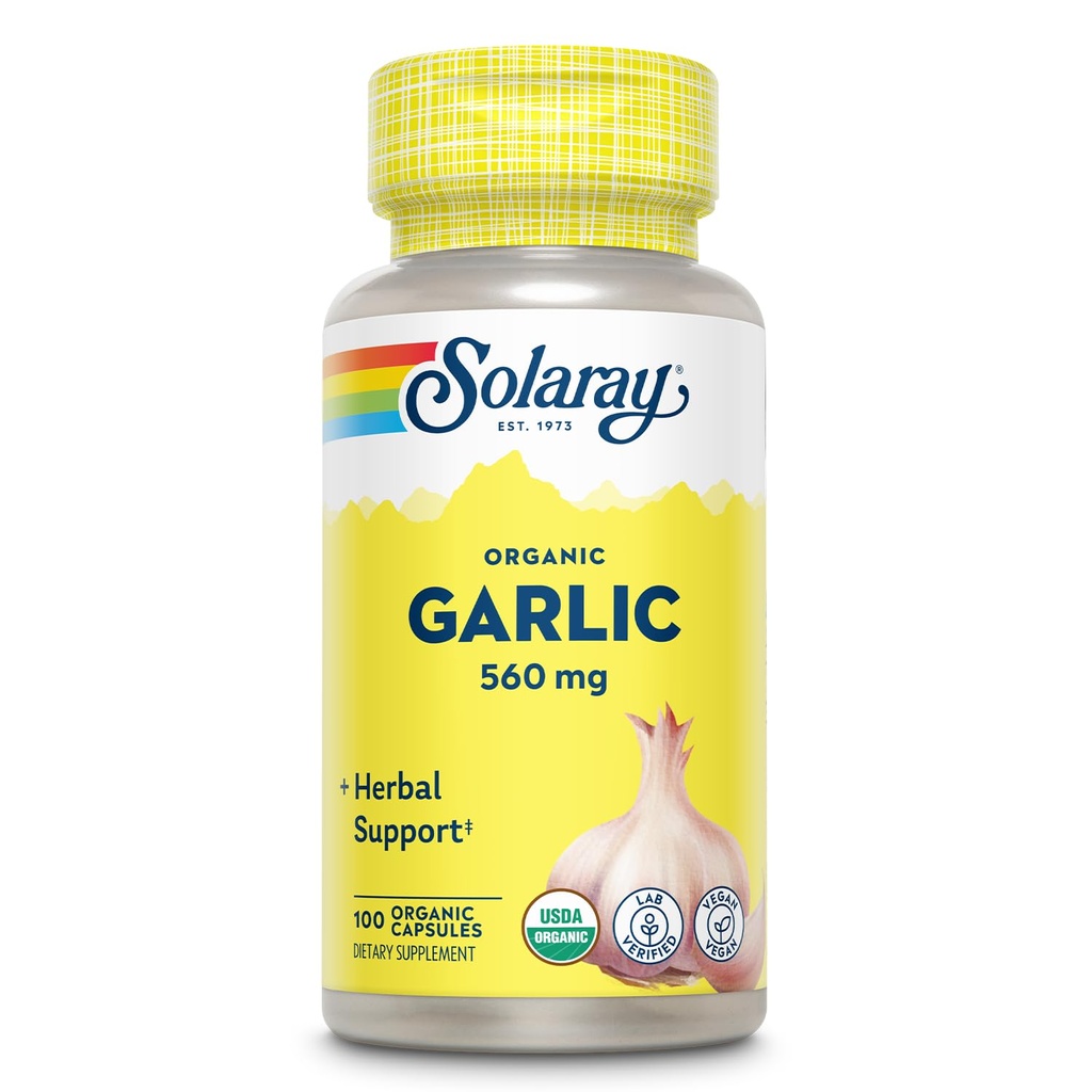 Pastile de usturoi organic Solaray - 560 mg Suplimente Usturoi pentru suport de sanatate cardiaca - USDA Capsule de usturoi organic - Vegan - 60-Day Money-Back Garantie - 100 Serviri, 100 VegCaps