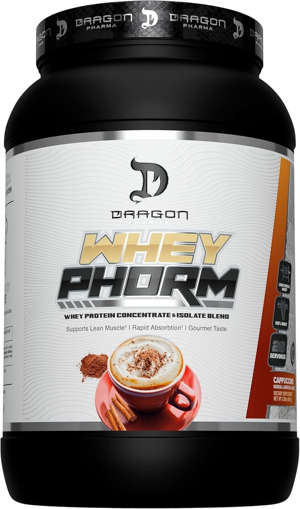 DRAGON PHARMA Whey Proteine Blend, Absorbţie rapidă, Gluten gratuit, 100% Proteină Whey, WheyPhorm, Maximize Recovery, Great Tasting, 25 Grams de proteine (26 Servings, Cappuccino)