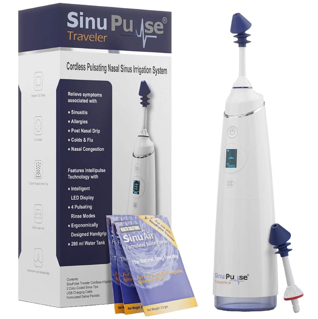 Sinu Pulse Traveler cu 30 Sinuair Packets - Pulsare fără fir Irigare nazală Sistem de clătire a sinusurilor, Space Saving Cleaner & Relief Machine pentru călătorie, Mai eficientă decât Neti Pot sau Nase Spray sticla