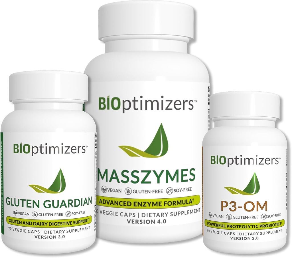 BiOptimizers Complete Gut Health Bundle - Enzime digestive cu probiotice și prebiotice - Bloating Relief și echilibru digestiv - P3-OM, Gluten Guardian, MassZymes (270 capsule)
