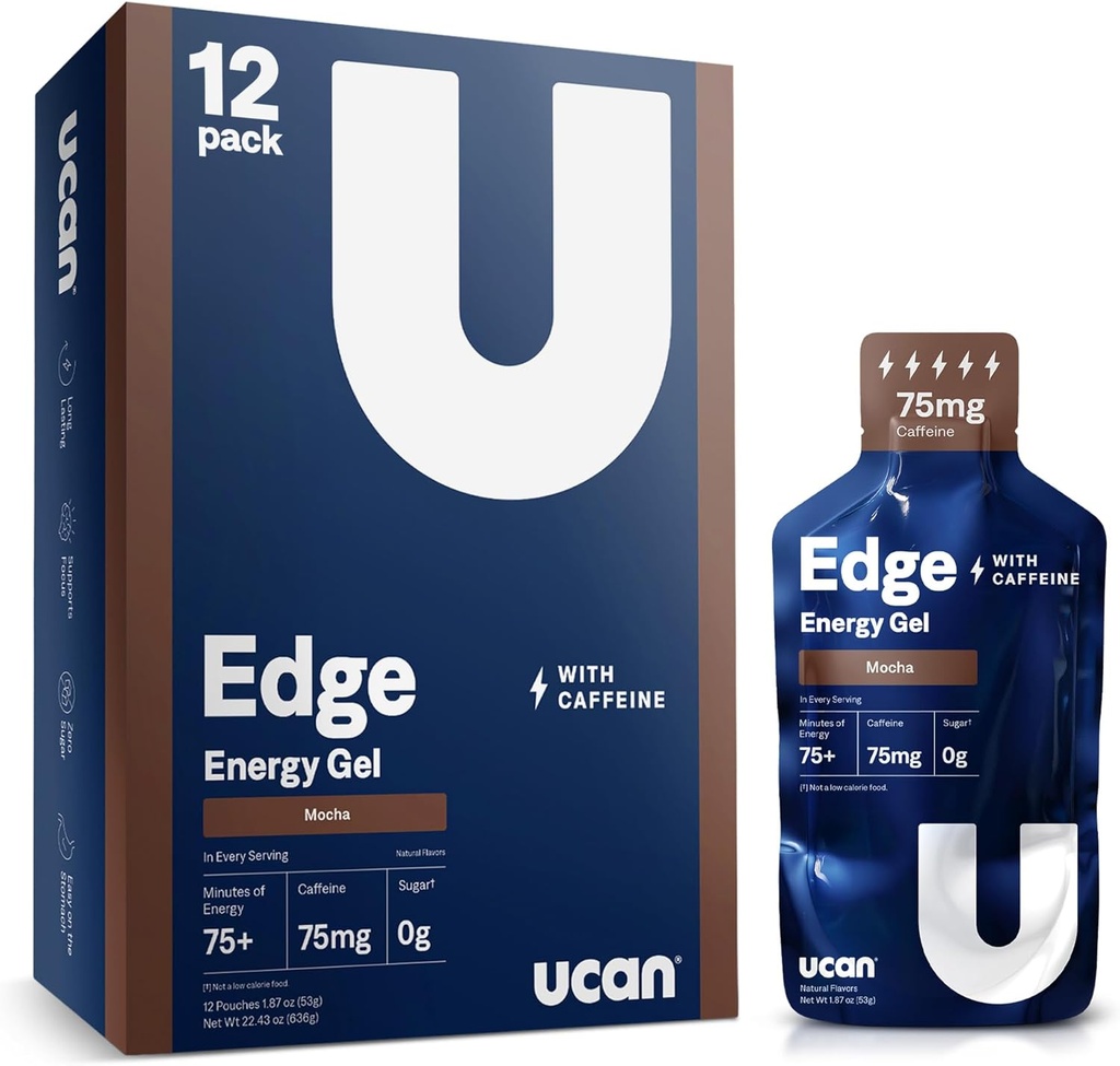 UCAN Edge Energy Gel Shots, Mocha + Caffeine (12, 2 Ounce Packets) pentru funcționare, formare, antrenamente, fitness, Ciclism, Crossfit 