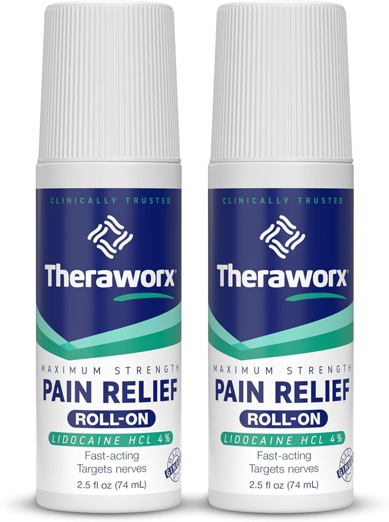 Theraworx Putere maximă Durere Relief Roll-On cu Lidocaină, Fast-Actioning - 2,5 Oz - 2 Conte