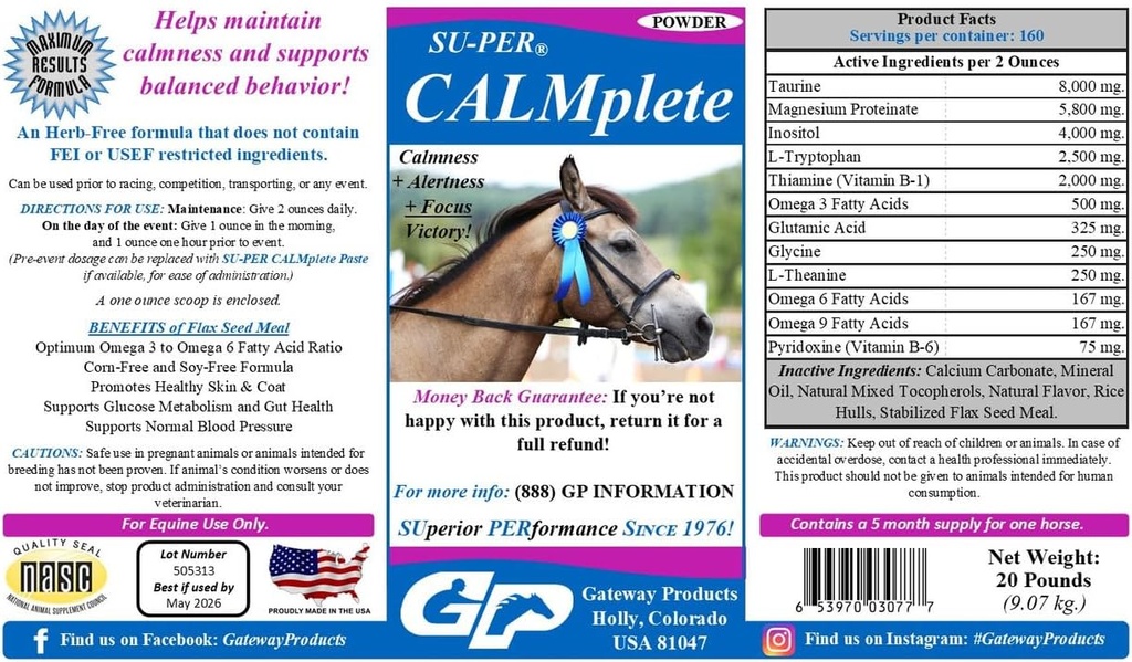 SU-PER CALMPLETE calmant Suplimentul cal - Mentine calm si echilibru comportament - Tiamină, Triptofan & Magneziu - 20 Lire, 5 luni de aprovizionare (150 zile)