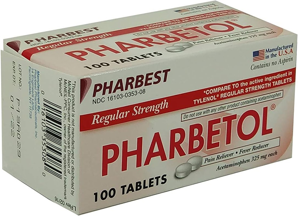 Pharbetol Acetaminofen 325 mg Concentraţie regulată, Durere Reliever, Fever Reductor comprimate,100 Număr (Pachet de 1)