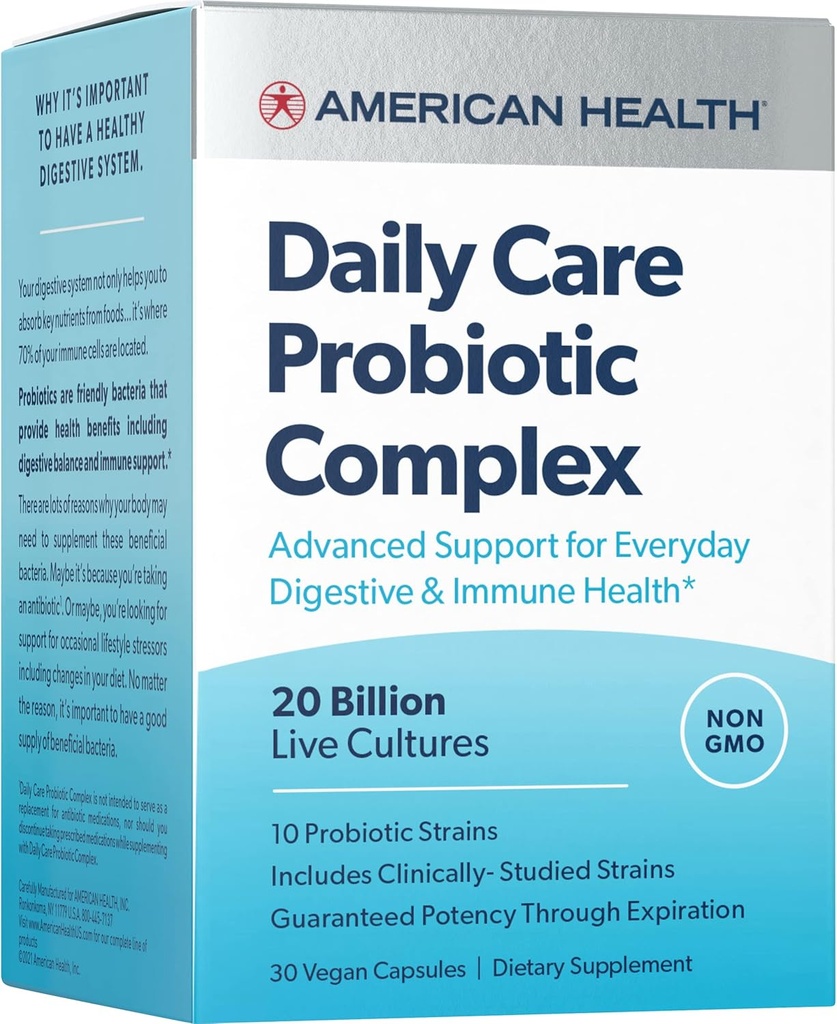 American Health Daily Care Probiotic Complex, 20 Miliarde Microorganisme - Studiat Clinic Trandafiri - Suport avansat pentru Sănătate Digestivă & Imunală - 30 Capsule, 30 Total Serviri