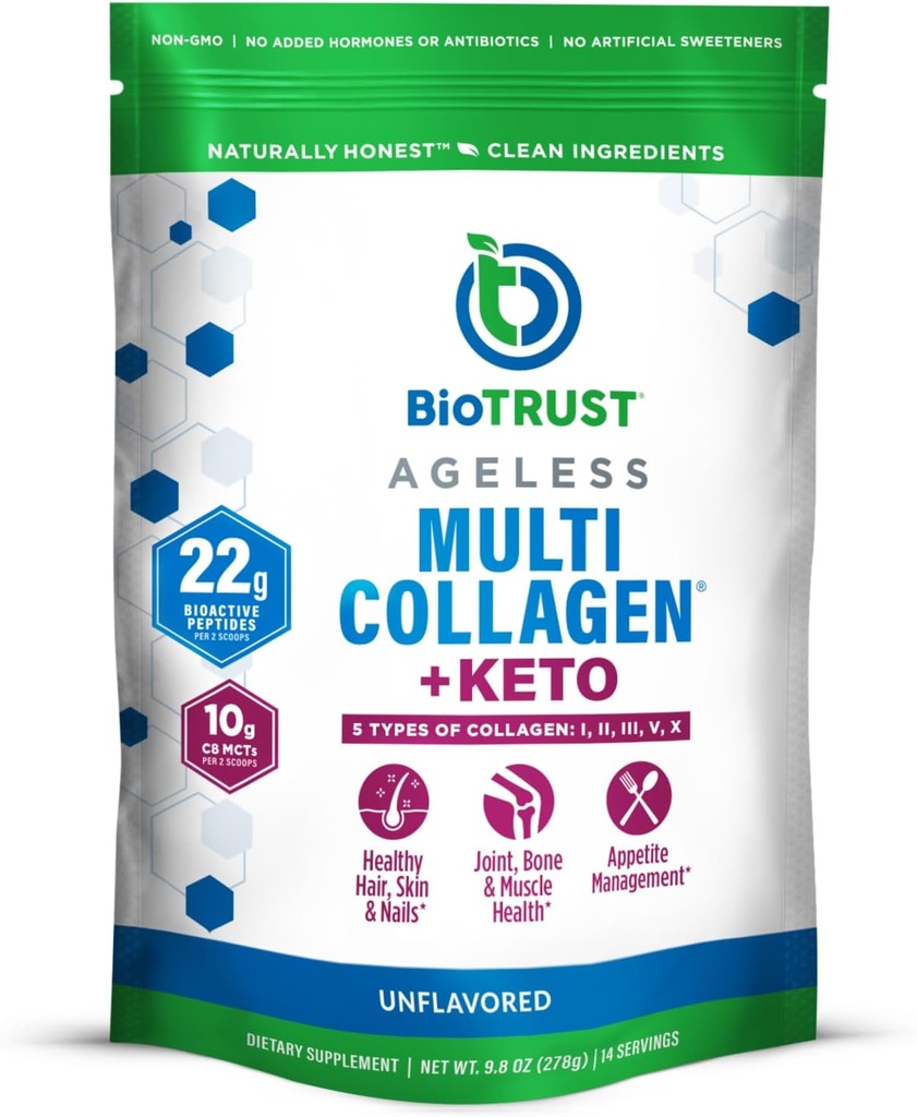 BioTrust Multi Collagen Protein Powder + Keto MCT Oil – 5 Types (I, II, III, V, X) & 100% Caprylic Acid C8 - Support Elevated Ketones, Metabolism, Joints & Beauty All in 1 Collagen Powder (Unflavored)