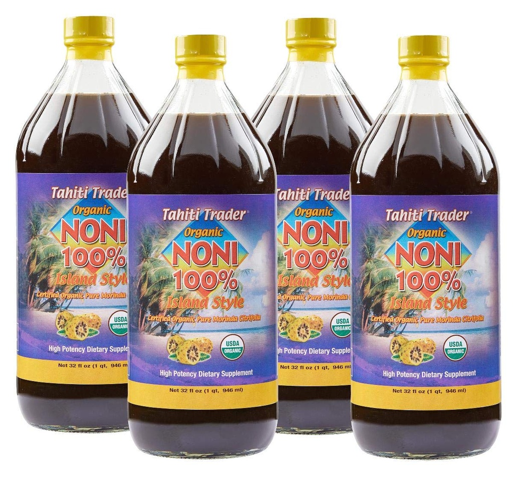 Tahiti Trader Island Style High Potency Noni Juice - Suc de fructe Noni pur Fermentat la Otegar - Ecologic Antioxidant Superfood Supporting Energy & Body Health - (32oz, 4 Pack)