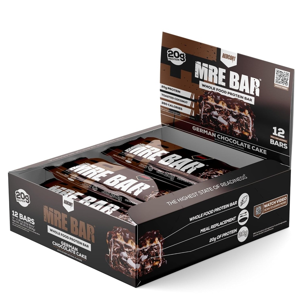 Bar de proteine REDCON1 MRE, tort de ciocolată germană - Conține ulei de MCT + 20g de proteine alimentare integrale - Digestible Ușor, Macro Balanced Sugar Meal Replacement Bar (12 Baruri)