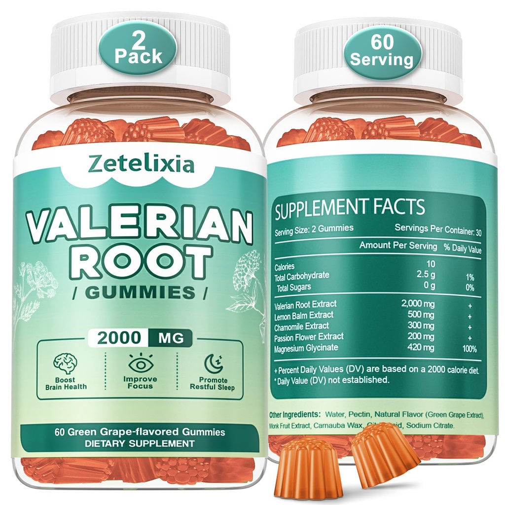 2 Pack Organic Valerian Root Gummies, Natural Calm pentru a ajuta la relaxare, Herbal Supplement for Mood Support, Melatonin Free, Non-GMO, Gluten Free, Vegan, Green Grape Flavor, 120 Conte