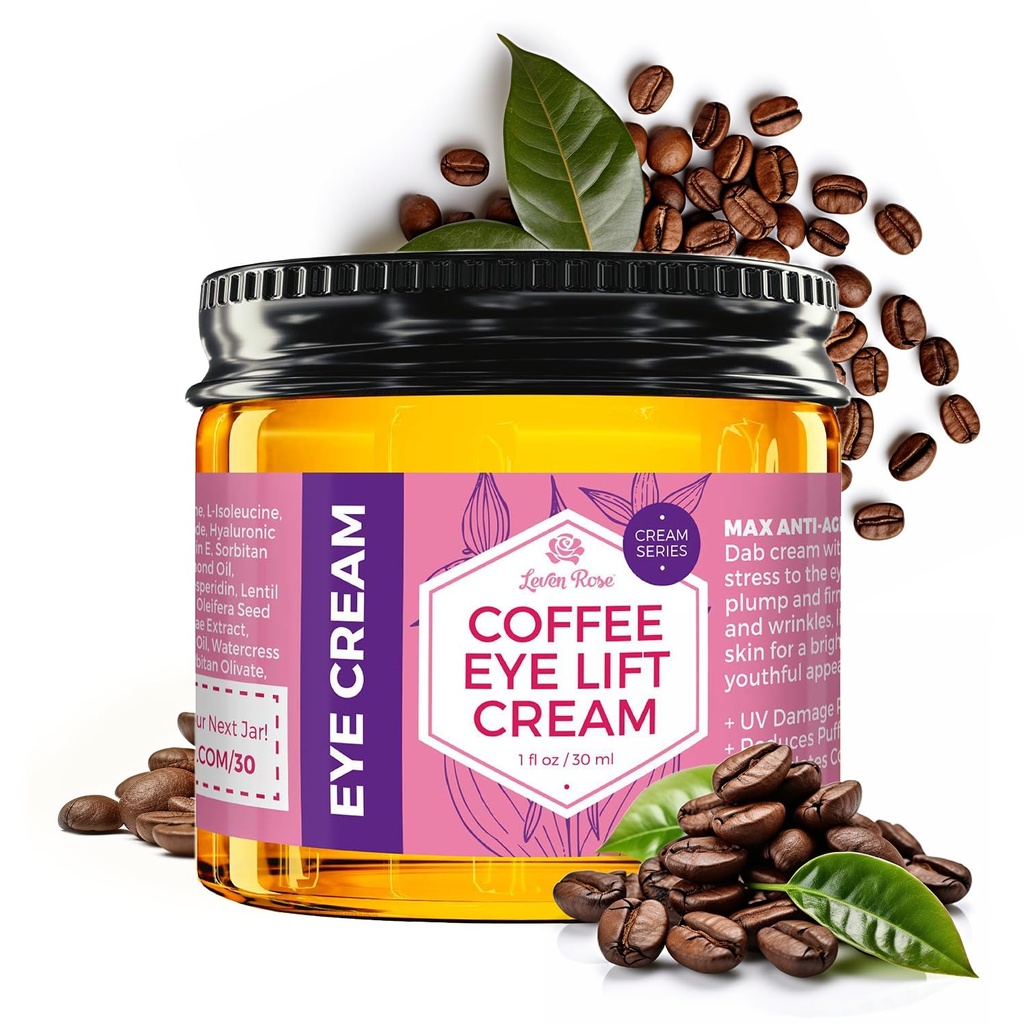 Leven Rose Lifting Cafea Crema ochi cu cafeina 1 oz - Soluție naturală pentru cercuri întunecate și pufos - Firming Anti-Aging sub tratament ochi