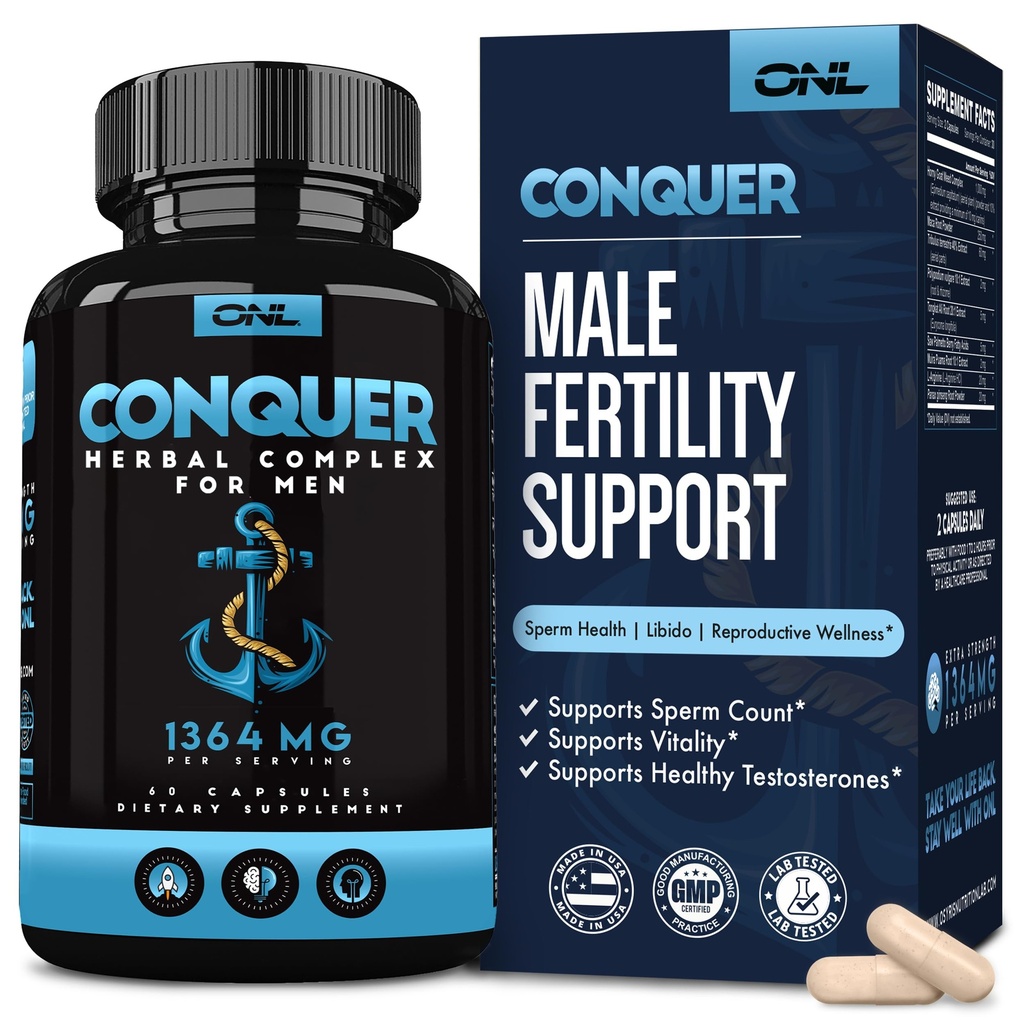 Cucerirea Mens Fertility Supliment - Booster testosteron pentru bărbați w/ Maca Root, Horny Goat buruieni & Tribulus Terrestris - Suplimentul de fertilitate masculină - Booster libido pentru bărbați - Pastile de mărire masculină - 60Ct