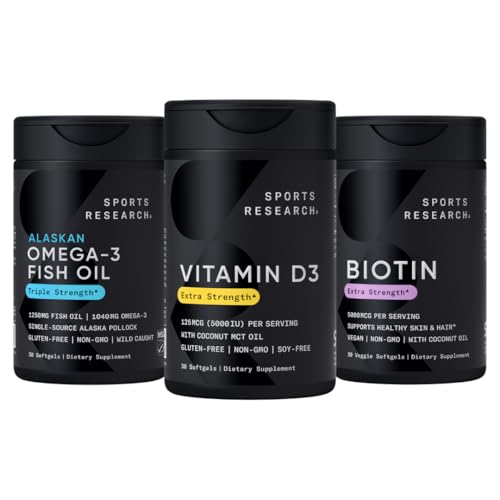 Sport de cercetare Triple Putere Omega 3 Burpless ulei de pește 1250mg din Alaska Wild Pollock, vitamina D3 5000 UI cu ulei de cocos MCT (125mcg) și Vegan Biotin 5000mcg vitamina B7-30 Softgels Fiecare