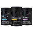 Sport de cercetare Triple Putere Omega 3 Burpless ulei de pește 1250mg din Alaska Wild Pollock, vitamina D3 5000 UI cu ulei de cocos MCT (125mcg) și Vegan Biotin 5000mcg vitamina B7-30 Softgels Fiecare