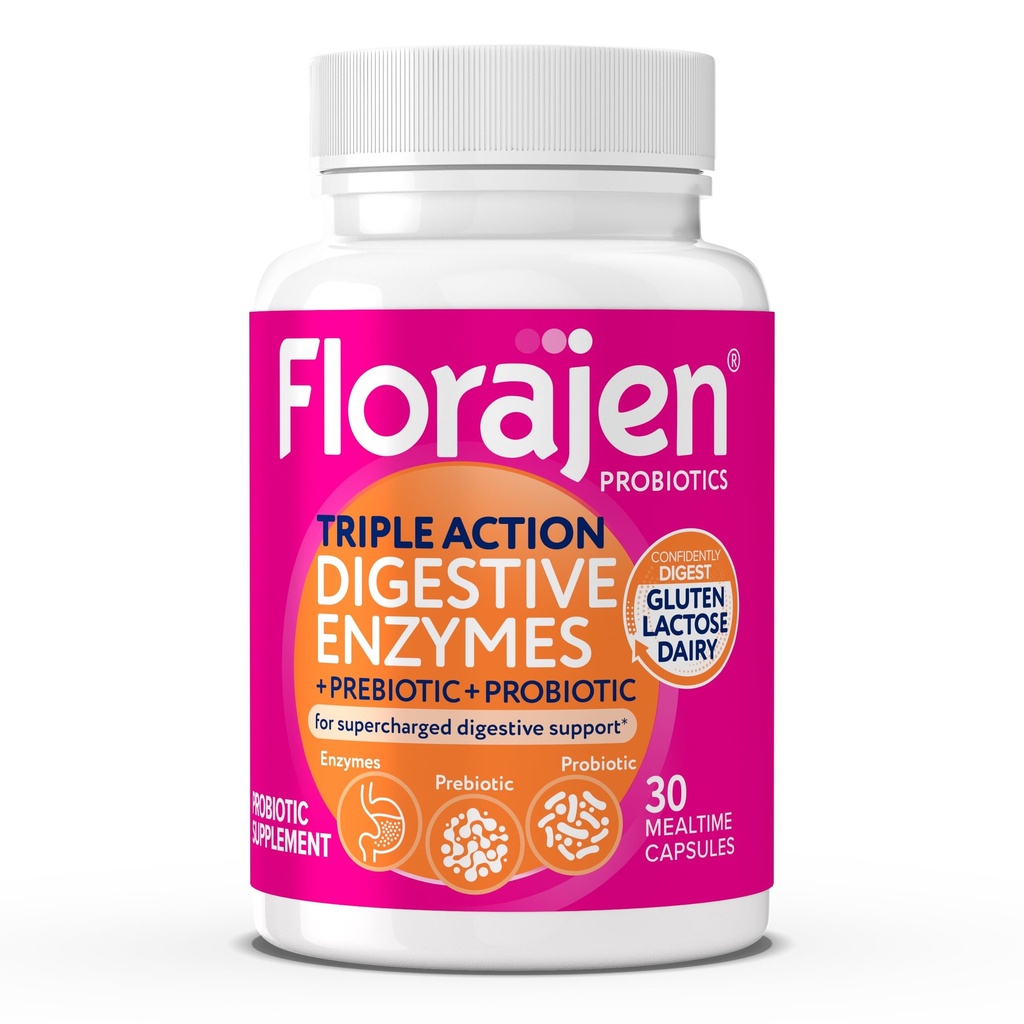 Enzime digestive Florajen cu probiotice si prebiotice - Formula de actiune tripla pentru sanatate cu gust, balonare, si gaz de relief - Suporturi Gluten & Dairy Digestion - Clean, Non-GMO - 30-Numar