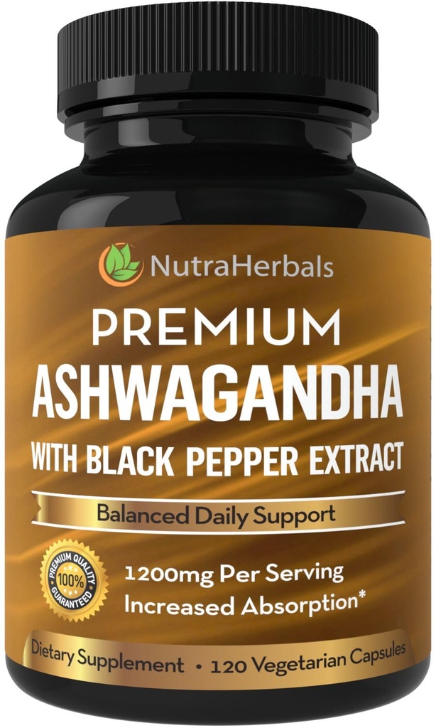 Ashwagandha Supliment Made with Premium Ashwaganda Root Powder 1200mg with Black Pepper Extract for Intensed Absorbtion - 120 Vegi Capsule