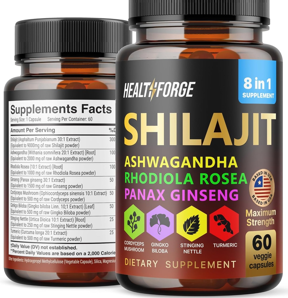 Capsule Shilajit Extract organic Blend 60 capsule pentru bărbați și femei - Shilaj Supliment 9000mg Ashwagandha, Supliment de sprijin imun 2000mg Rhodiola Supliment, Ginko Ginkgo Biloba