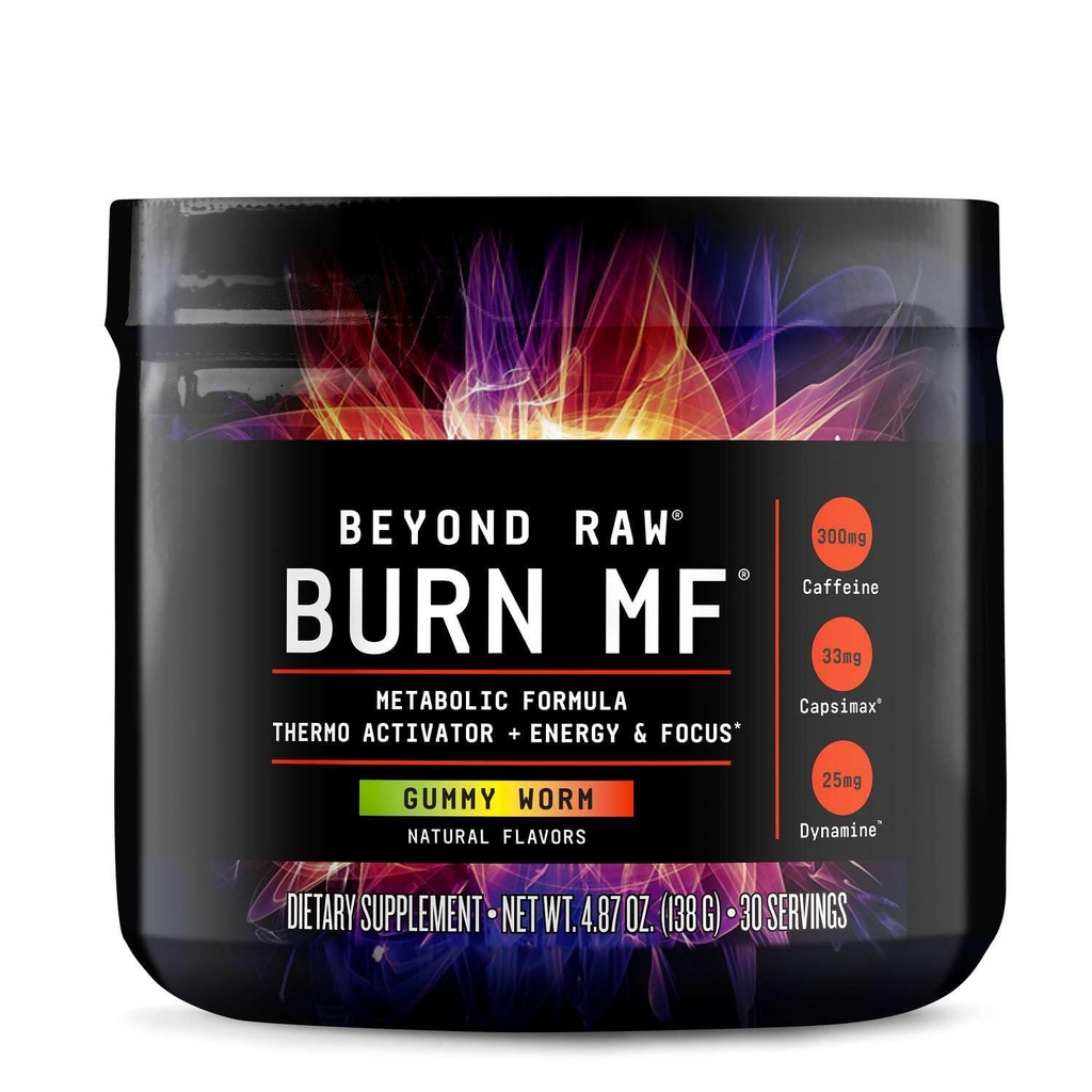 BEYOND RAW Burn MF, Formula metabolica, Activator Termo, Suportă Energie și Focus, Vierme Gummy, 30 Servings