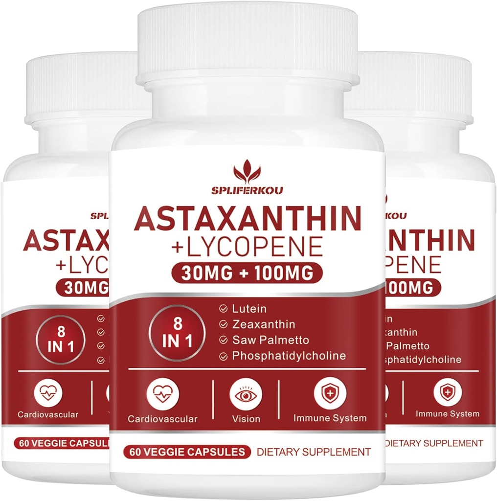 Astaxantină și Licopen 70mg,Astaxanthin Supliment cu fosfatidilcolină, luteină și zeaxantină, supliment antioxidant puternic (180 capsule)
