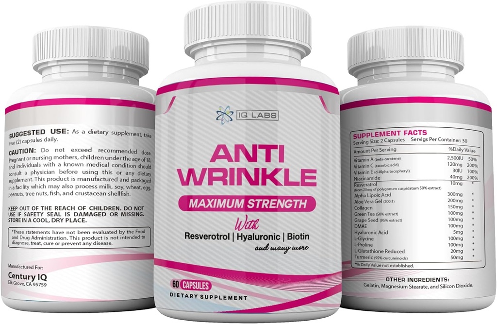 Skin Beauty Solutions (4) Anti-Wrinkle Max Supplements 240 Capsules w/Resveratrol, Alpha Lipoic Acid, Collagen, DMAE, Hyaluronic +Pills