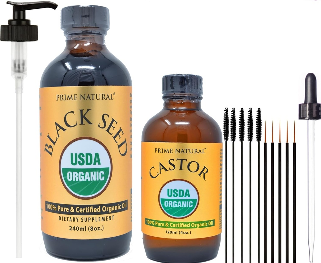 PRIME NATURAL Organic Black Seed Oil & Organic Castor Oil - 2 Oil Bundle - USDA Certified - Cold Pressed, Virgin, Unrafined, Vegan, Non-GMO, No Conservatives