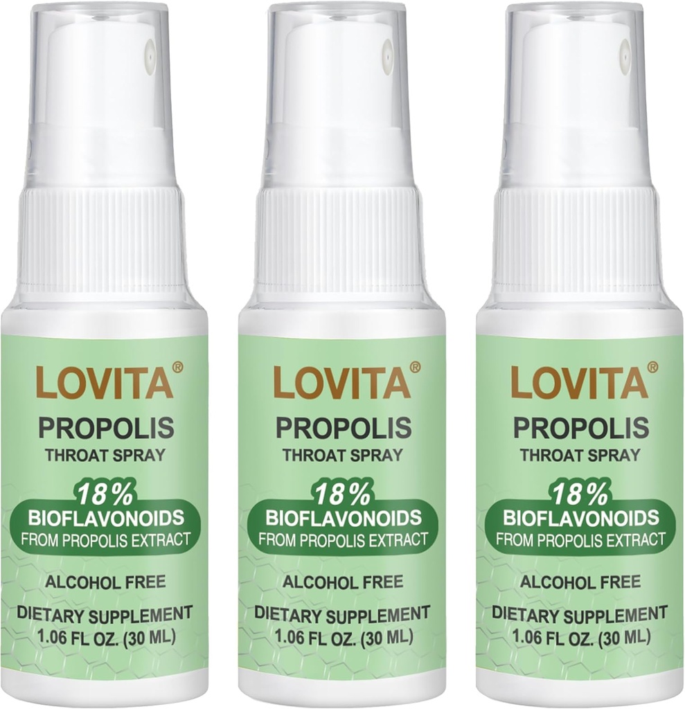 LOVITA Bee Propolis Spray de gât 250mg, Extract de propolis de albine cu 18% Bioflavonoizi, Antioxidant fără alcool, Suport Immune & Sore Relief, Gluten-Free, Non-GMO, 1 Fl Oz, 90 Day Supply