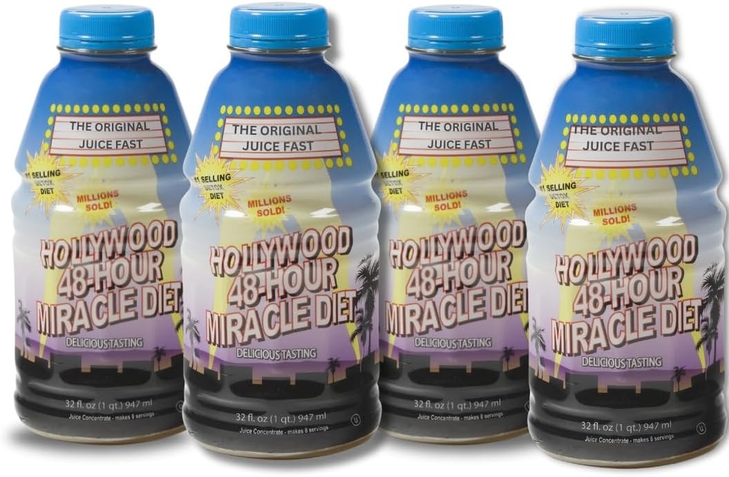 Dieta de la Hollywood - 48-Hour Suc de fructe Miracle Cleanse Diet 4-Pack, Detox Cleanse pentru pierderea in greutate si intinerire, Înlocuire alimentara, Dieta de actionare rapida, Delicious & Tasty Formula, 32 Fl. Oz.