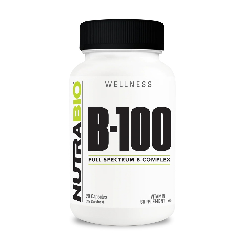 NutraBio B-100, B Complex de vitamine, Suport Sistem imunitar, Păr sănătos, Piele, Nails, 90 Capsule vegetale