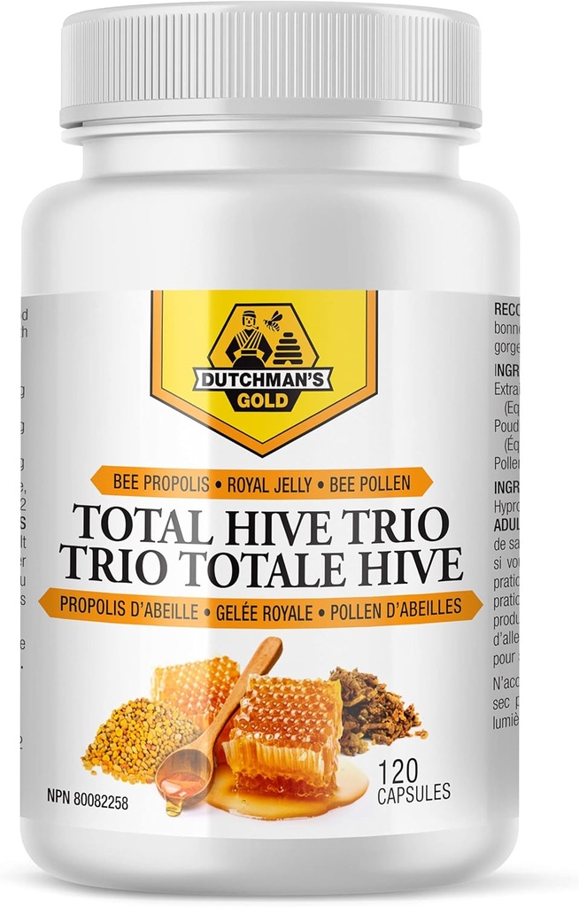 Dutchman de aur total Hive Trio capsule - 120 Veg Caps aproximativ 30-60 Servings - Bee Polen Royal Jelly & Propolis Supliment - Superfoods for Antioxidant Immune Support - Natural Honey Mix