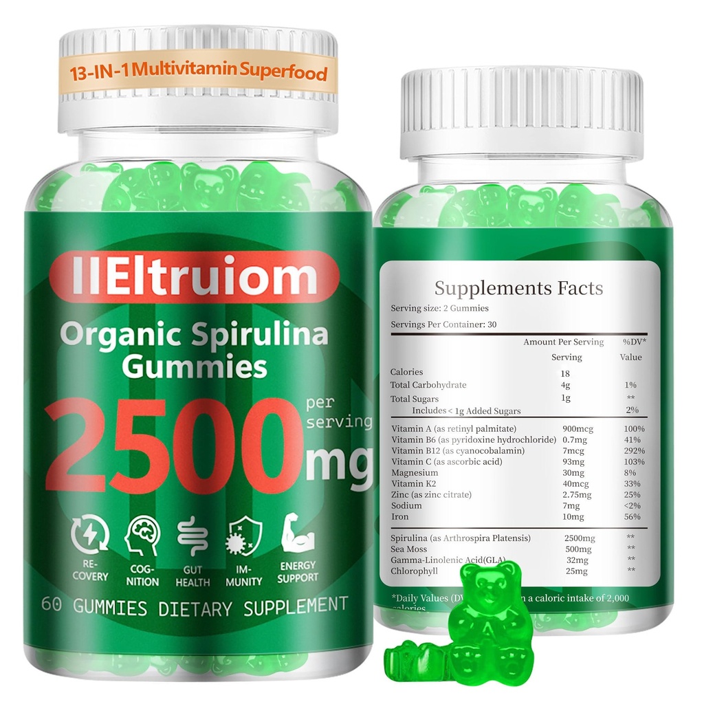 Organic Blue Spirulina Chlorella Gummies, 13-in-1 Super Greens & Superfoods, Spirulina 2500mg Enhanced Daily Energy with Sea Moss, Clorofill, GLA, Gluten Free, 60 Vegan Gummies
