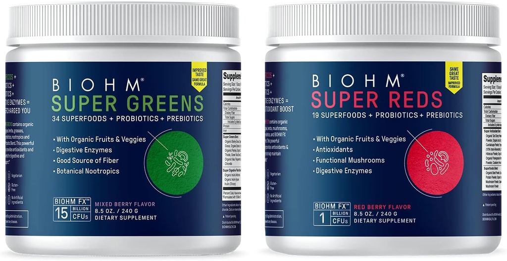 BIOHM Super Reds and Greens Bundle, Superfood Powder cu Probiotice și enzime digestive, ambalate cu antioxidanți și polifenoli, Allergen Free, Non-GMO, Vegan - 30 Servings Fiecare