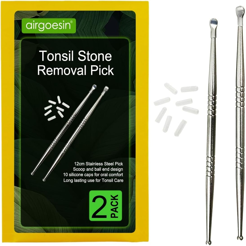 Airgoesin 2pcs Tonsil Stone Demontare Pick Tonsilolith Premium Tool Steel inoxidabil Curățator oral cu 10 Capace de silicon moale