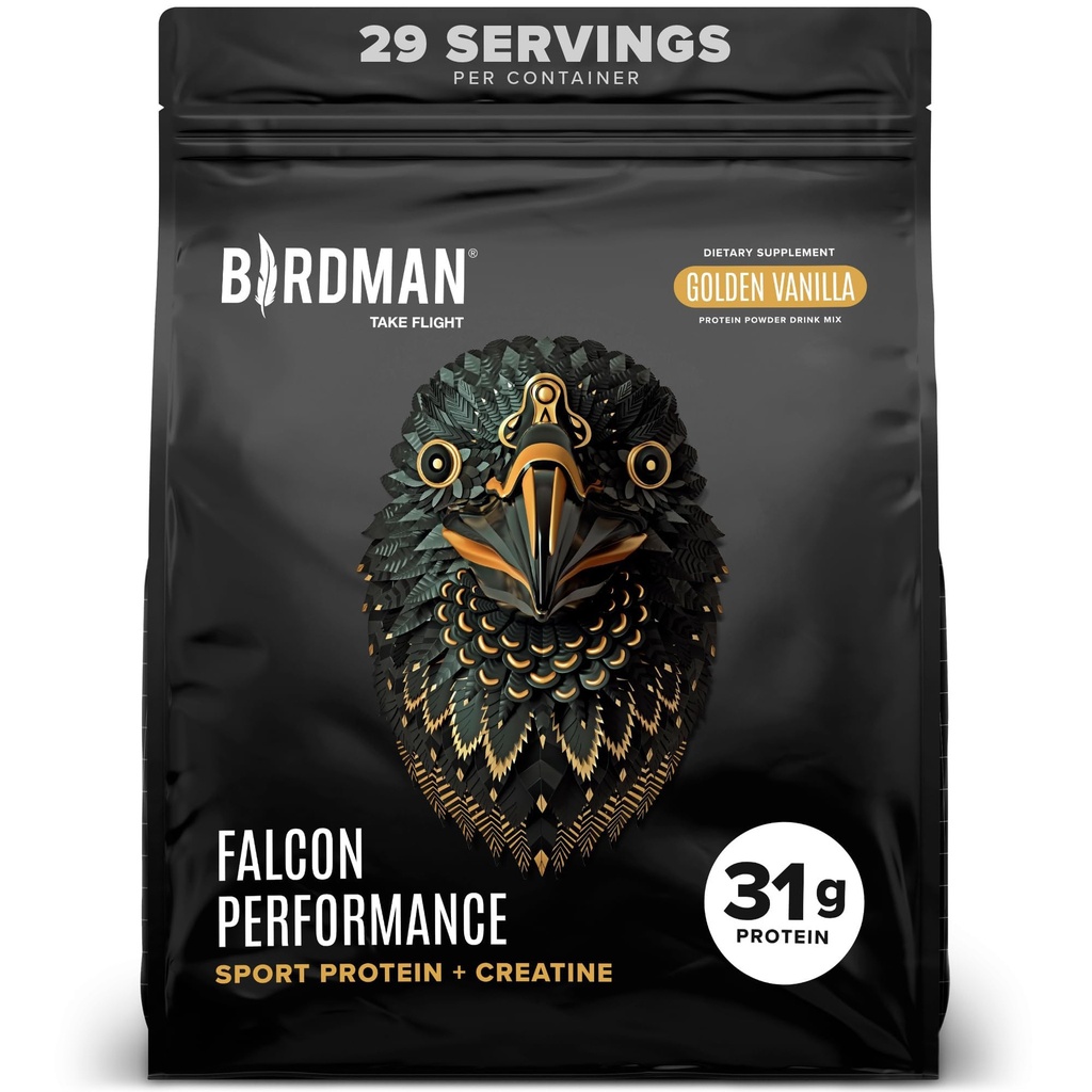 BIRDMAN Falcon Performance Vegan Proteina pulbere, 31g Proteina, 5g Creatina, 5g BCAA, Probiotice, Electroliti, Pre Workout, Carb scăzut, Zahar gratuit & lactate, Pe bază de plante Proteina de vanilie, 29 Serviri