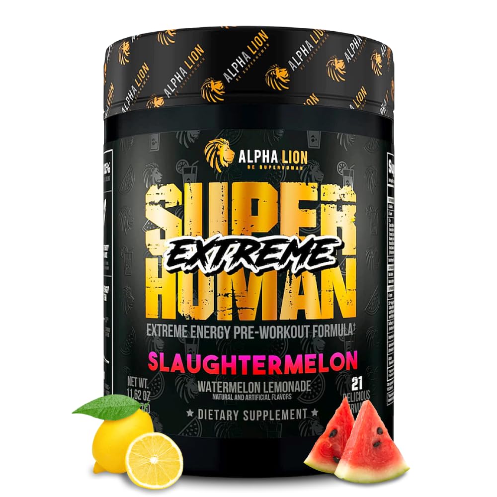 ALPHA LION Superuman Extreme Stim Pre Praf de antrenament, Beta Alanine, L-Taurine & 356mg Tri-Source Cafeina pentru energie sustinuta, Nitric oxid si citrulină pentru pompa (21 Servings, Slaughterelon)