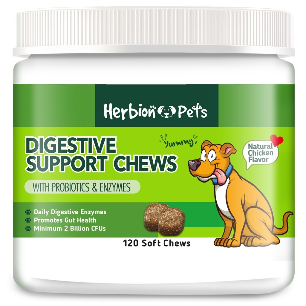 Herbion Pets Suport Digestiv Chews cu Probiotice & Enzime, 120 Chews Soft, cu Daily Digestive Enzime, pentru imbunatatirea sanatatii gust, minim 2 miliarde CFU, Made in USA pentru câini 12 săptămâni+, Pack 1