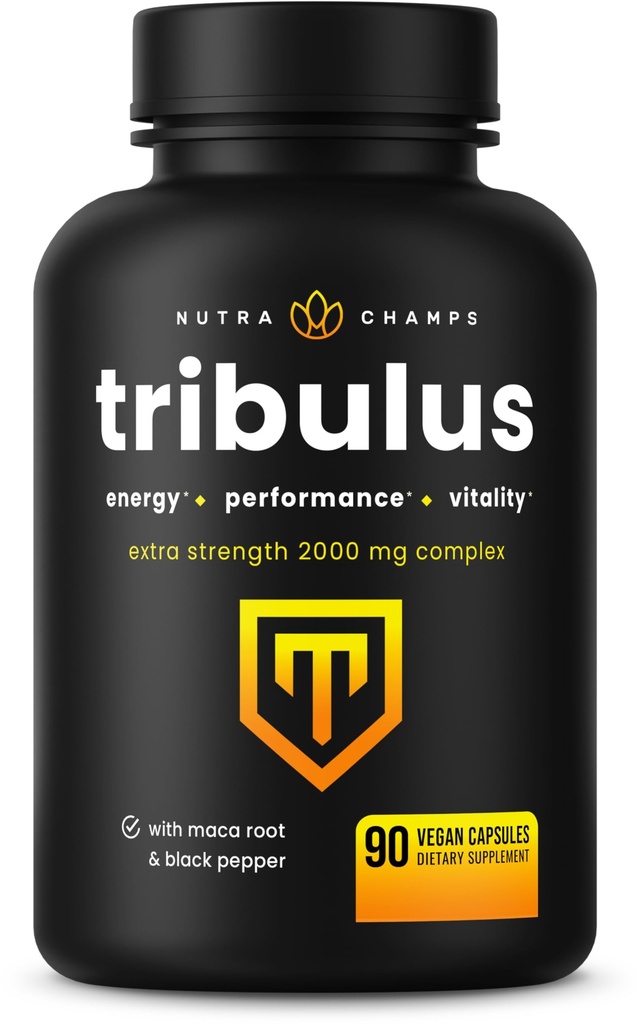 NutraChamps Tribulus Terrestris pentru barbati, 2000mg Booster suplimentar pentru energie, Vitalitate, Rezistenta & Performanta, Extra Putere Saponine, 90 Vegan capsule