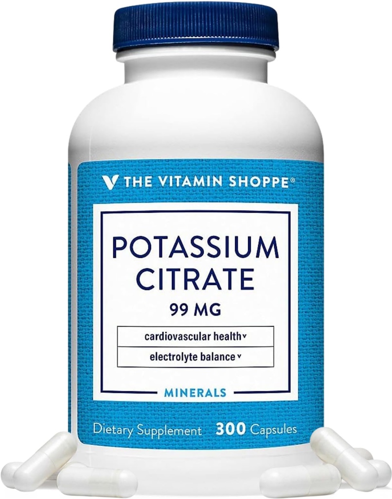 Vitamina Shoppe Citrate de potasiu 99MG - susține sănătatea cardiovasculară, promovează funcția celulară, și ajută la menținerea echilibrului electrolitic pentru wellness generală (300 capsule)
