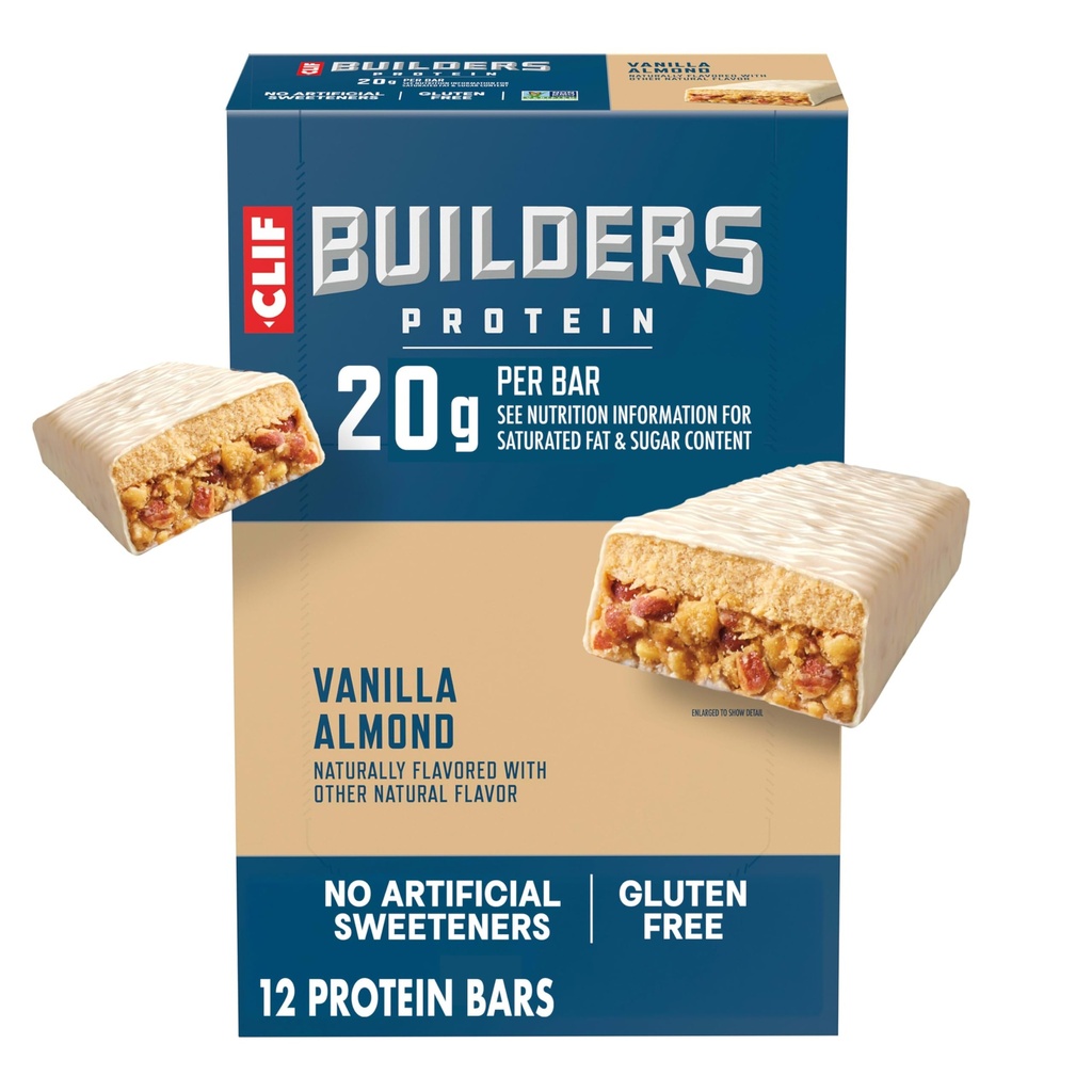 CLIF BUILDers Baruri de proteine - Vanilie Almond Flavor - 20g Proteină pe bază de plante - Gluten gratuit - non-GMO - Glycemic scăzut - Fără îndulcitori artificiali - 2,4 oz. (12 ambalaj)