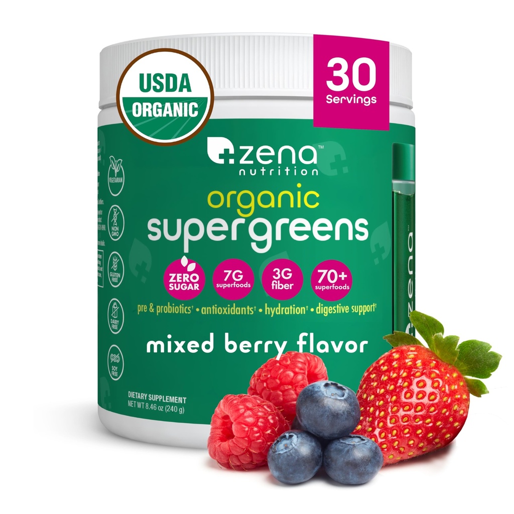 Zena Nutrition Organic Super Greens Powder, 70+ Superfoods, 0 Zahăr, 3G Fiber, Spirulina, Chlorella, Antioxidanti, Prebiotice/Probiotice, Enzime digestive, Berry mixt, 30 Serviri