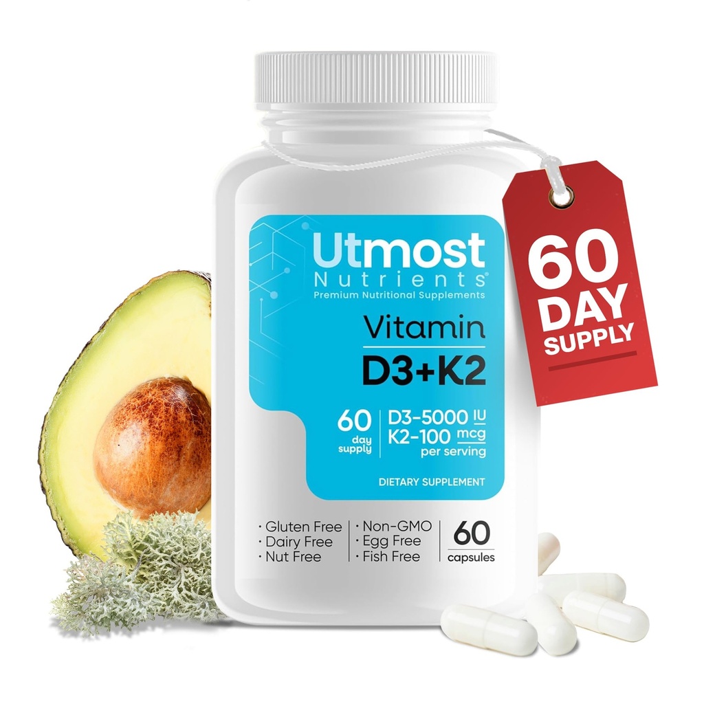 Vitamina D3 cu K2-5000iu Vitamina D şi 100 mcg Vitamina K Supliment într-o capsulă pentru biodisponibilitatea maximă - Îmbunătăţeşte absorbţia de calciu pentru sănătatea cardiovasculară, imună şi osoasă (60 capsule)