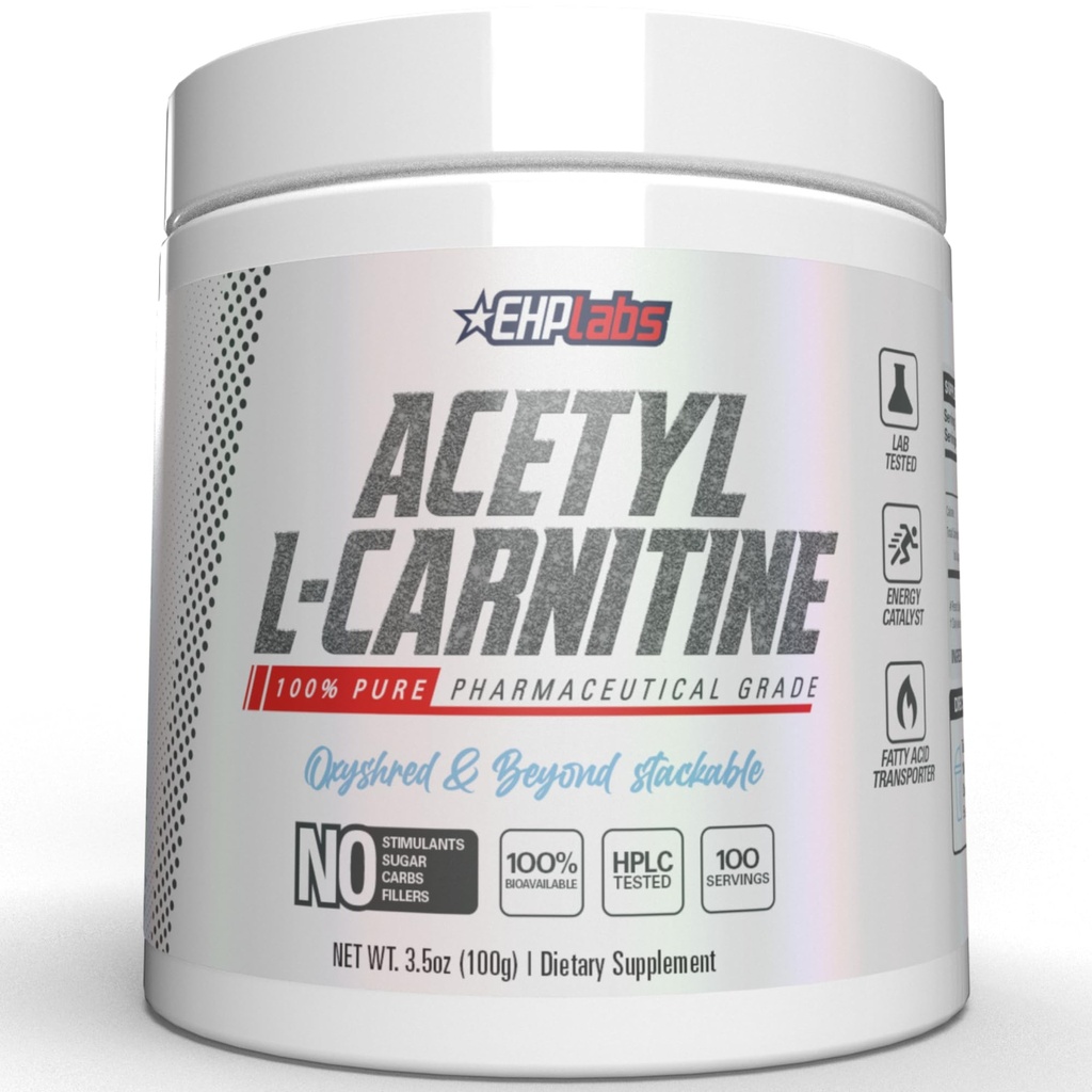 EHP Labs Acetil L Carnitine Powder - Suportă Producţia de Energie Naturală, Asistenţă în Funcţia Creierului Sănătos, Sprijină Sănătatea Inimii, Vegan, Gluten gratuit, Non OMG-uri - 100 Serviri