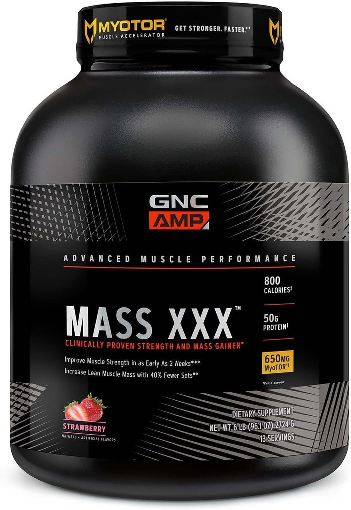 GNC AMP Mass XXX, Clinic dovedit greutate Gainer Proteina pulbere, Îmbunătățește puterea și dimensiunea, 780 Calorii, 50g Proteina, Micronited Amino Acids, Creatina, Betaina, Căpșuni, 13 Serviri, 6 Lire