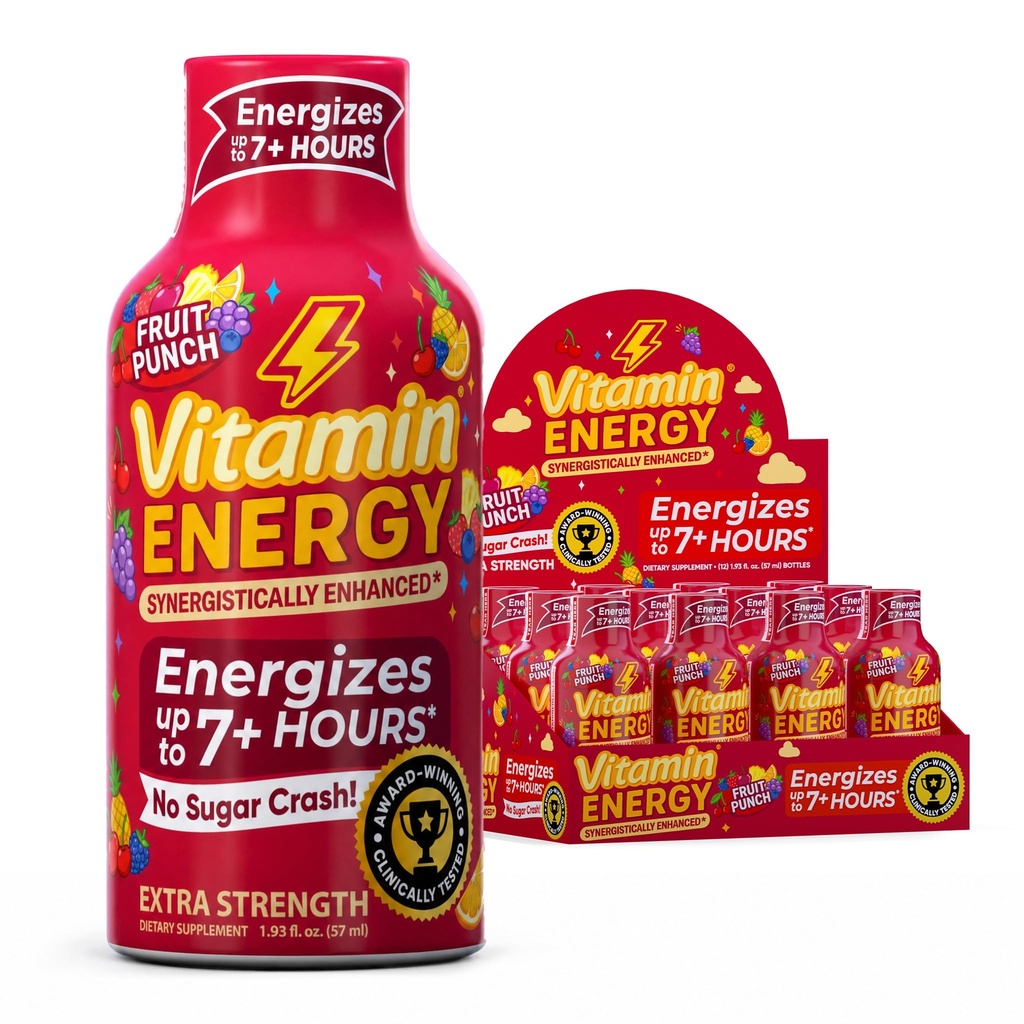 Vitamina Energie Immune+ Extra Putere Energie Shot Fructe Punch 12 Pack, 260mg Natural Cafeina, B-Vitamins, Ceai verde, Imunitate & Focus de sprijin, Zero Zahăr, Gluten-Free 1.93 fl oz