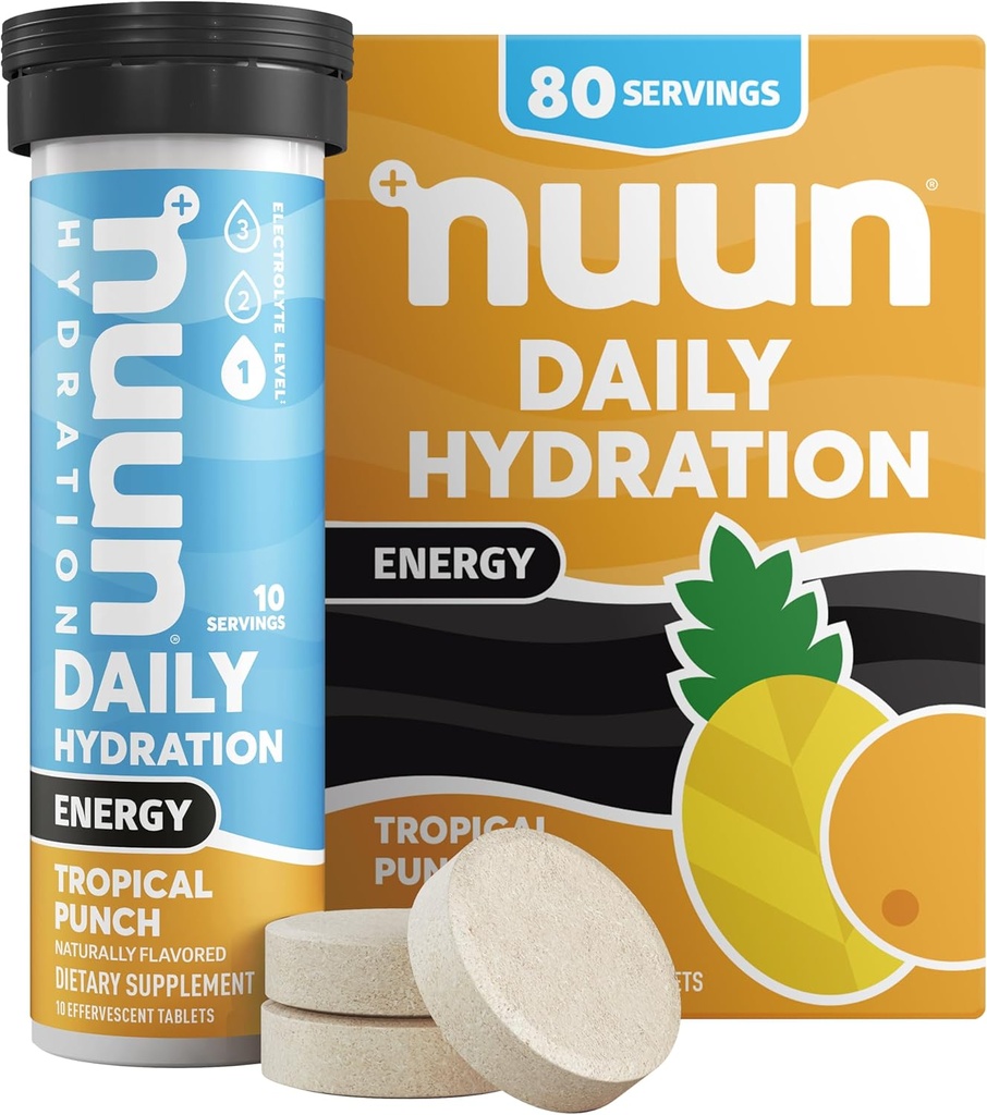 Nuun Energy Electrolyte Tablete cu ginseng, Cafeina din extract de ceai verde, vitamina B12, B6, B5, Magneziu & 4 Alte Electroliți, Gluten gratuit & Vegan, Tropical Punch, 8 Pack (80 Servings Total)