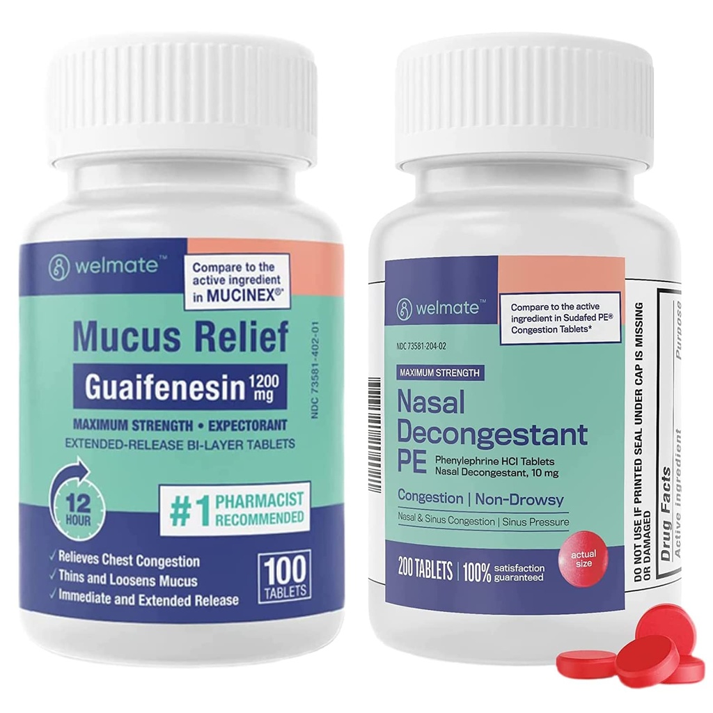 Relief respirator WELMATE Bundle: Putere maximă Guaifensin 1200 Mg Mucus Relief (100 Bi- Layer Tablets) + Fenilephrine HCl 10 mg Nasal Decongestant PE (200 comprimate) Sinus, Cold & Allergy Support