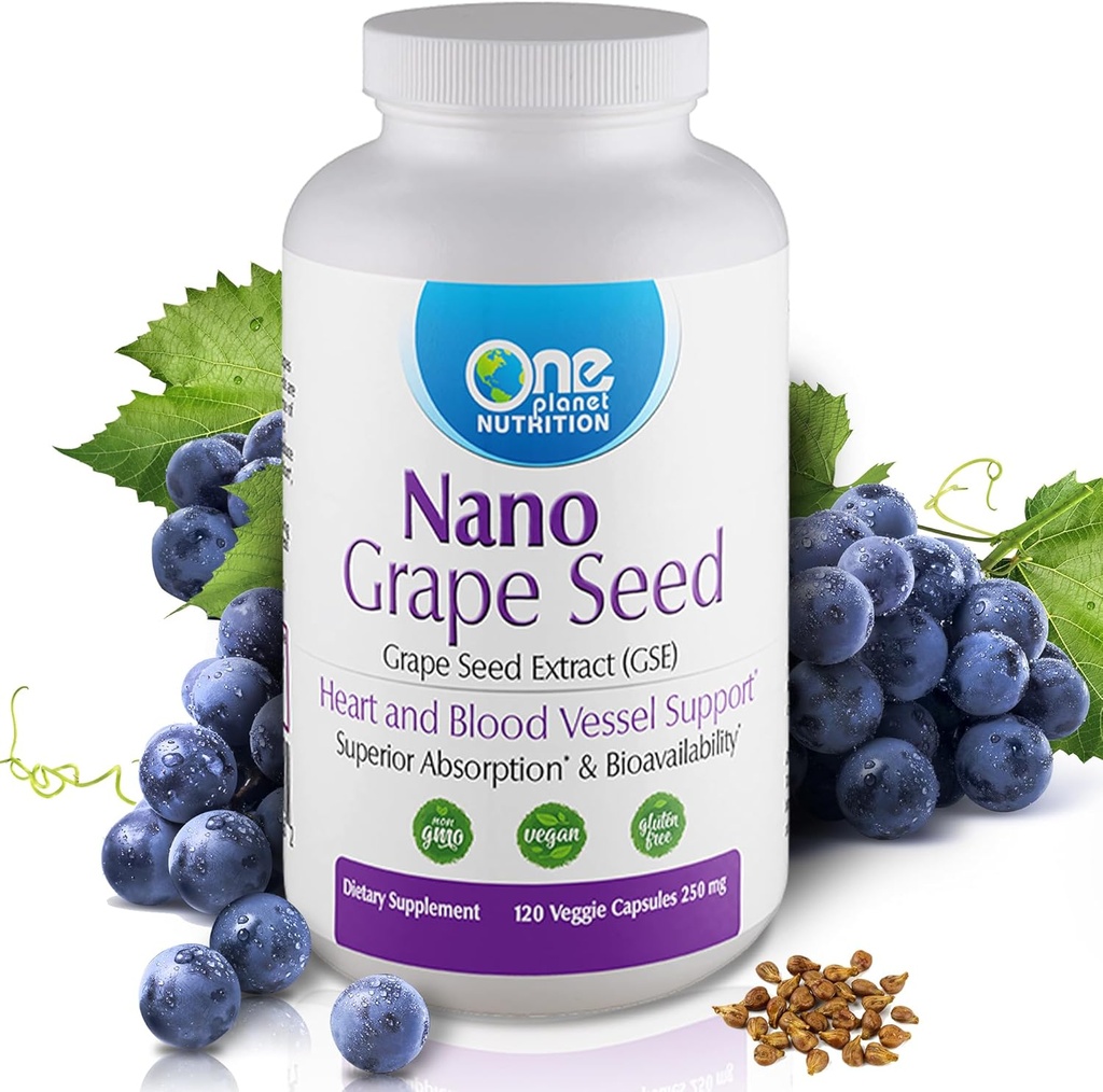 O planetă de nutriție Nano Seed Extract de semințe de struguri 250 mg Capsule vegetale (120 Servings), Nano pentru absorbție îmbunătățită, susține antioxidant sănătate pentru sănătatea vasculară, non-GMO, Vegan, Gluten gratuit